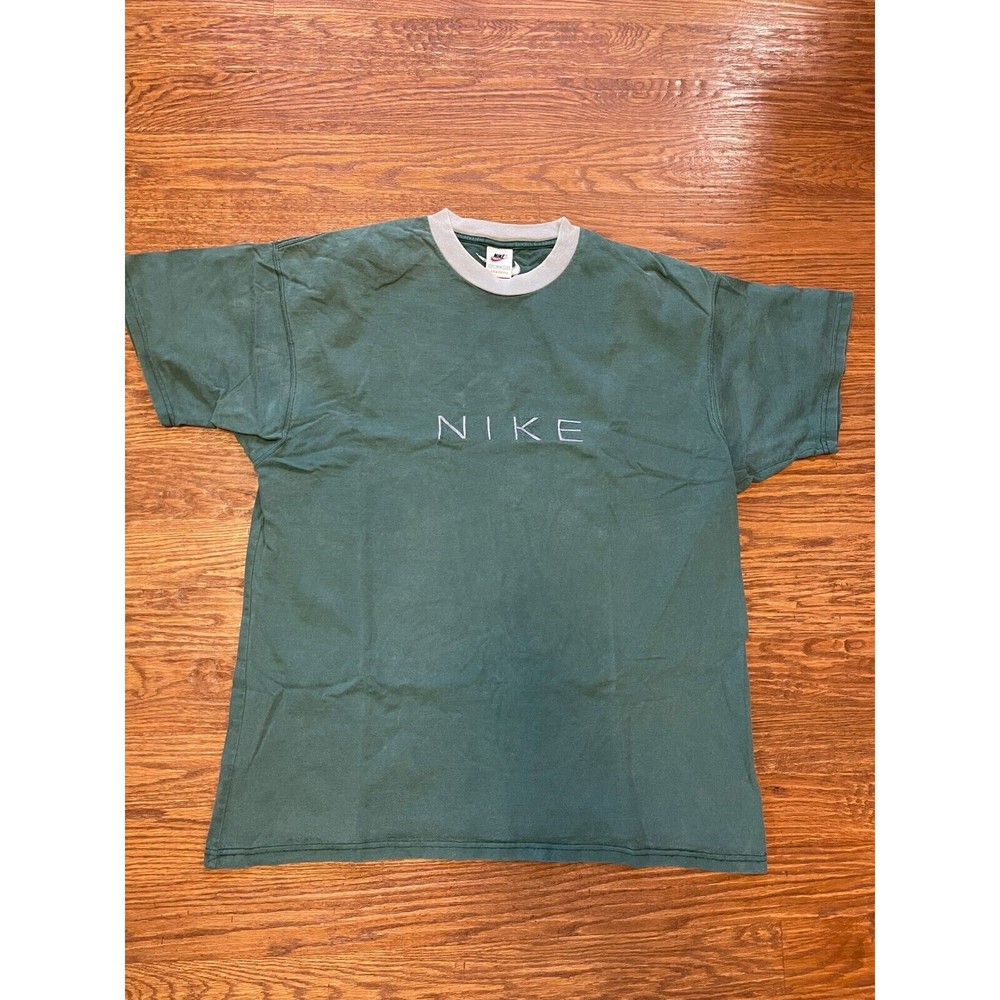 VTG White tag Nike Men’s 90s XXL T-Shirt Green Embroidered Logo Two Tone Crew